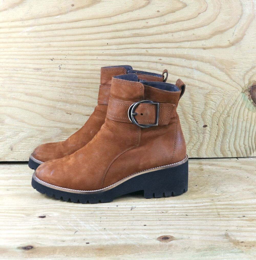 Paul Green Boots Womens 9 Brown Leather Wedge Platform Ankle Bootie Zip Shoes